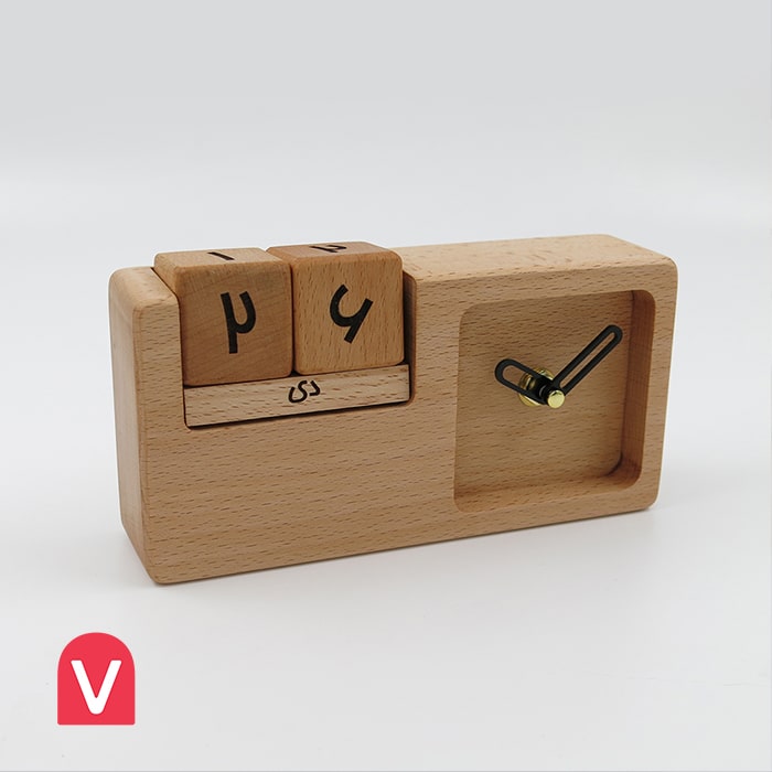 تقویم و ساعت رومیزی چوبی عقربه ای مدل چوب راش